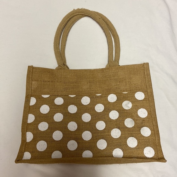 Jute Grocery/Beach Bag Tan/White Polka Dot - Picture 4 of 13